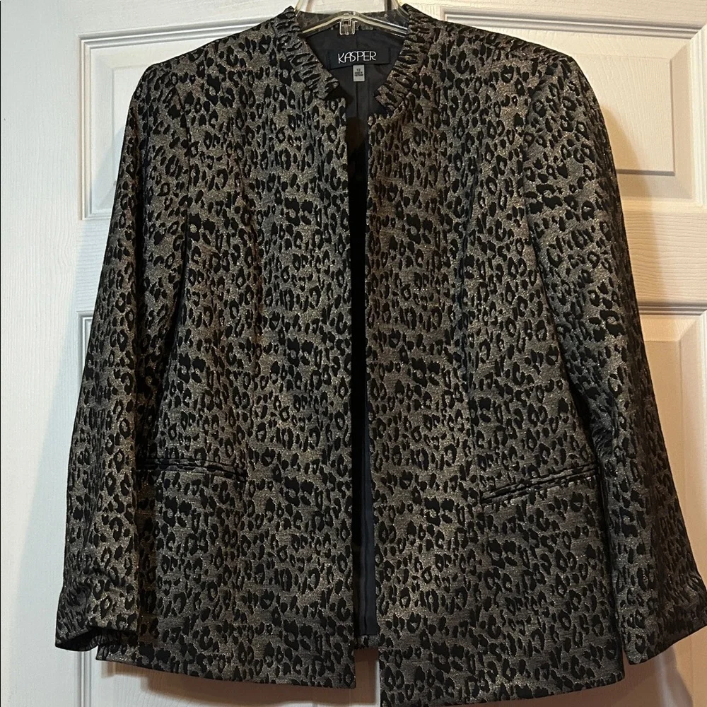 Kasper Women's Black and Gray w/Gold Thread Animal Print Open Front Blazer